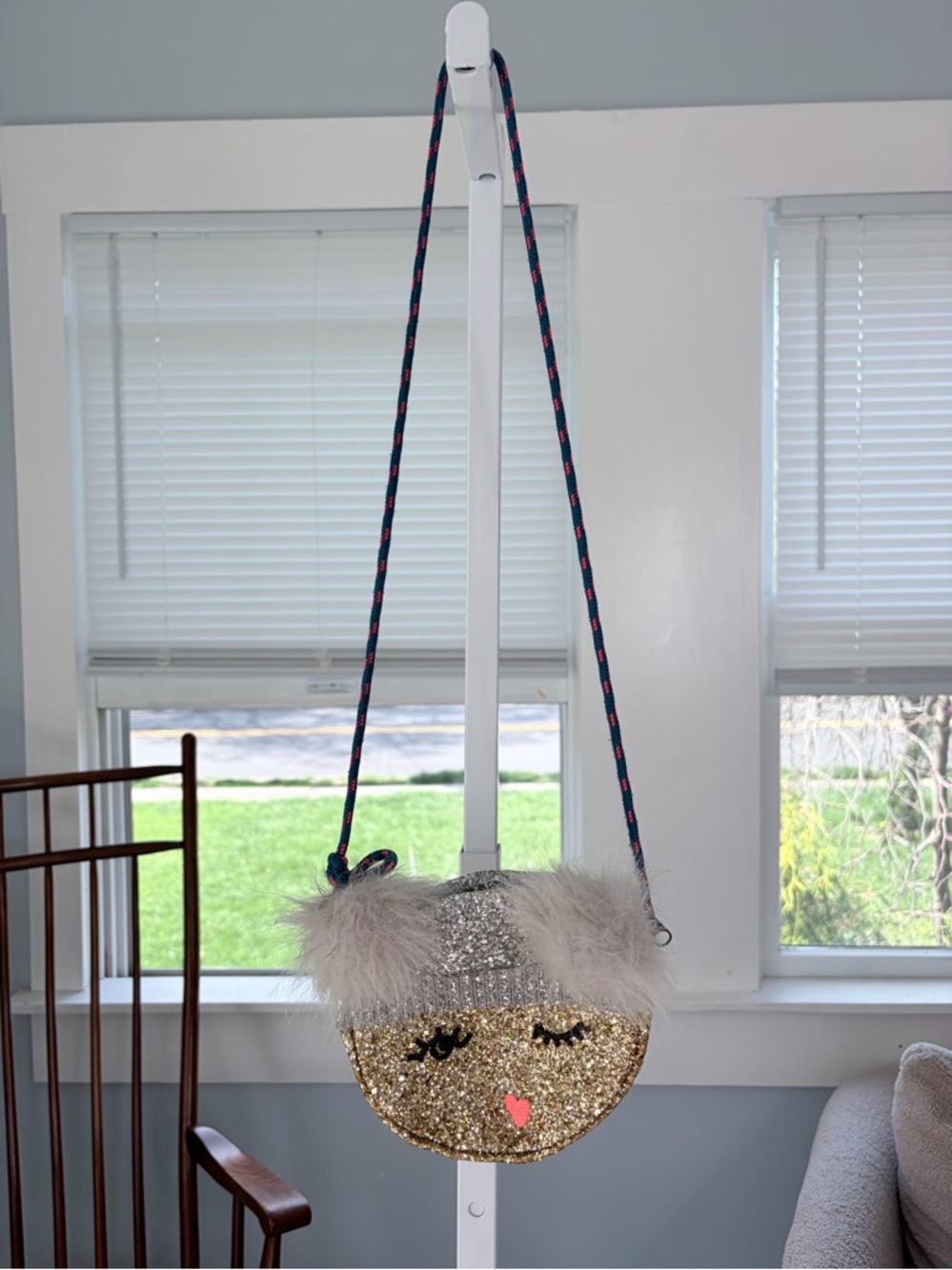 Crewcuts Kids Glitter Face Crossbody Bag Faux Fur Trim Gold & Silver